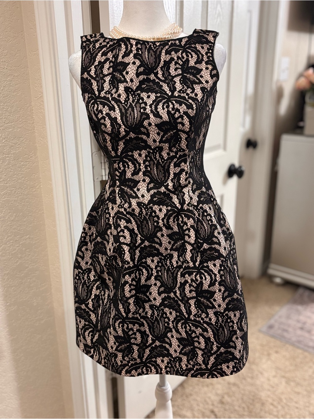 Zara Black Lace Overlay Dress with Blush Lining